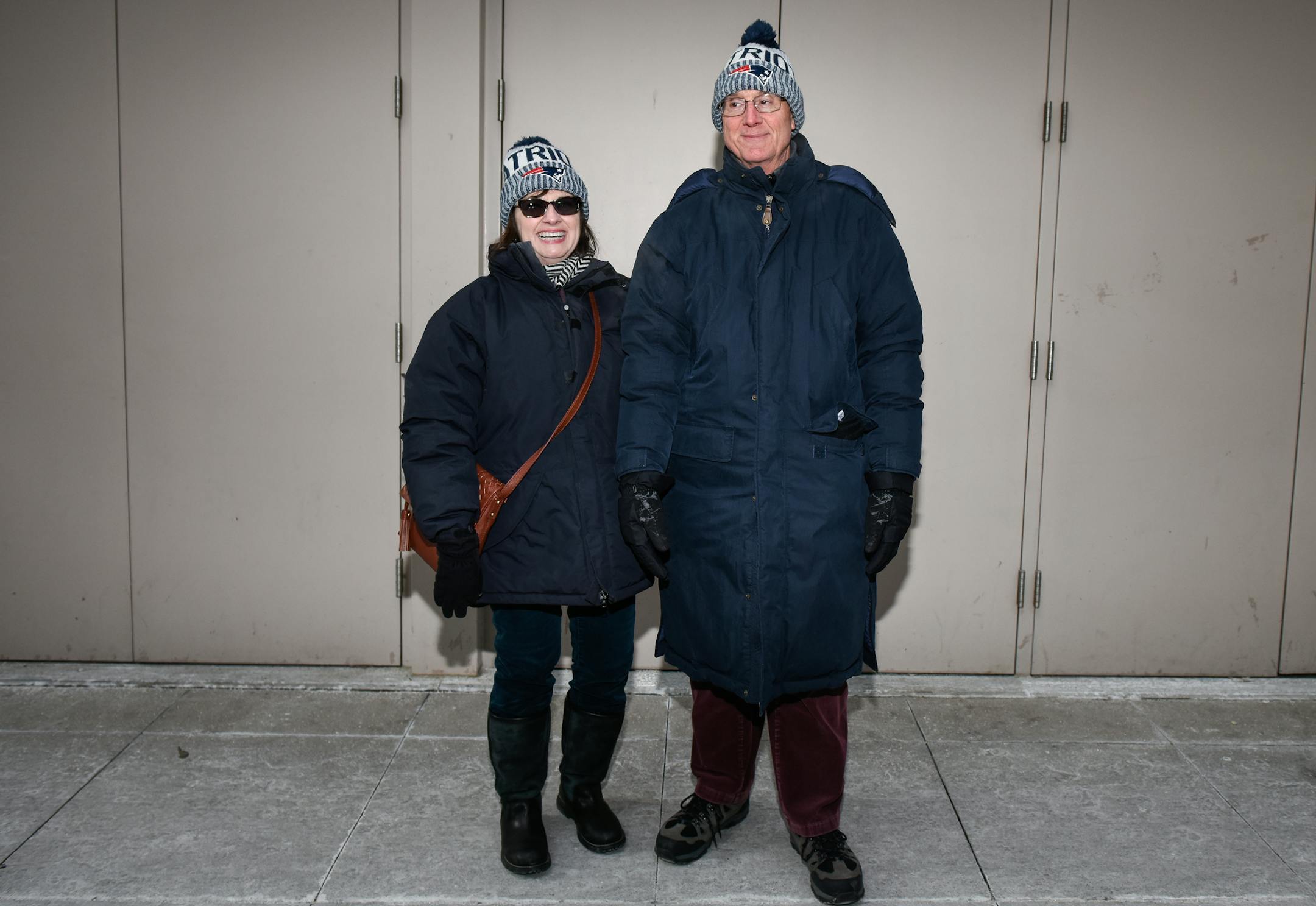 Jennie and Garry Balboni, Patriots fans from Stow, Mass. ] AARON LAVINSKY ï aaron.lavinsky@startribune.com Patriots and Eagles fans were photographed Friday, Feb. 2, 2018 on Nicollet Mall in Minneapolis, Minn.