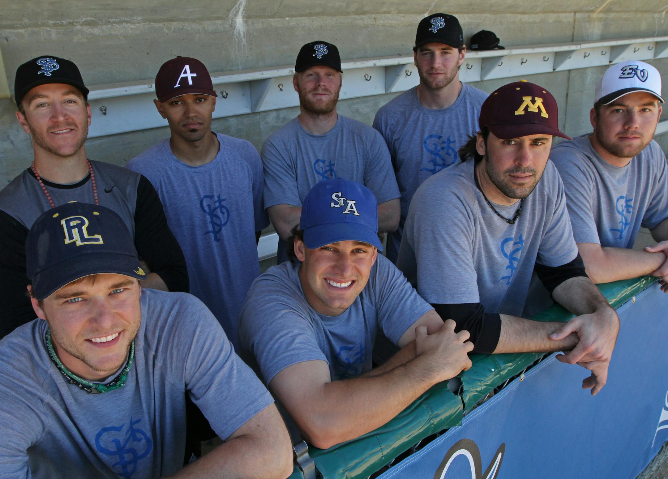Minnesota players on the St. Paul Saints roster (Front row, left to right) Luke Anderson, Dan Kaczrowski, Dustin Klabunde and George Jensen. (rear row, left to right) Mark Hamburger, Donald Blunt, Matt Meyer and Cole Nelson. Photographed during practice on 3/15/13.] Bruce Bisping/Star Tribune bbisping@startribune.com Luke Anderson, Dan Kaczrowski, Dustin Klabunde, George Jensen, Mark Hamburger, Donald Blunt, Matt Meyer and Cole Nelson/source.