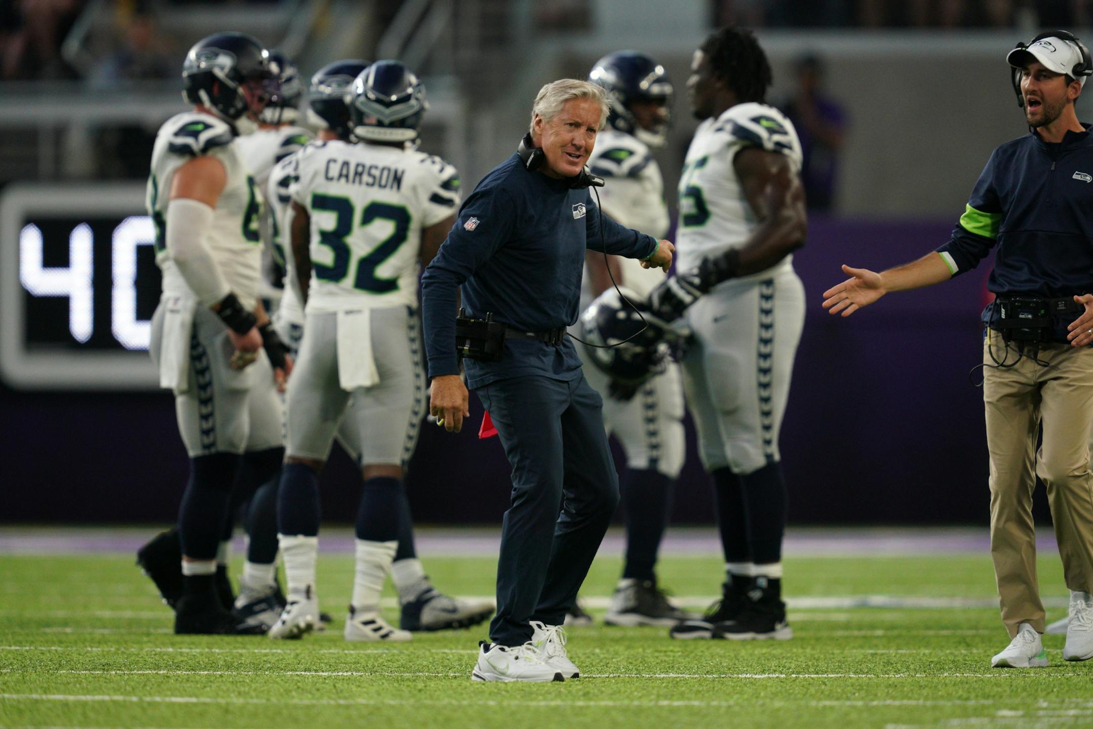 Seattle Seahawks head coach Pete Carroll yelled to his players on the bench in the first half.