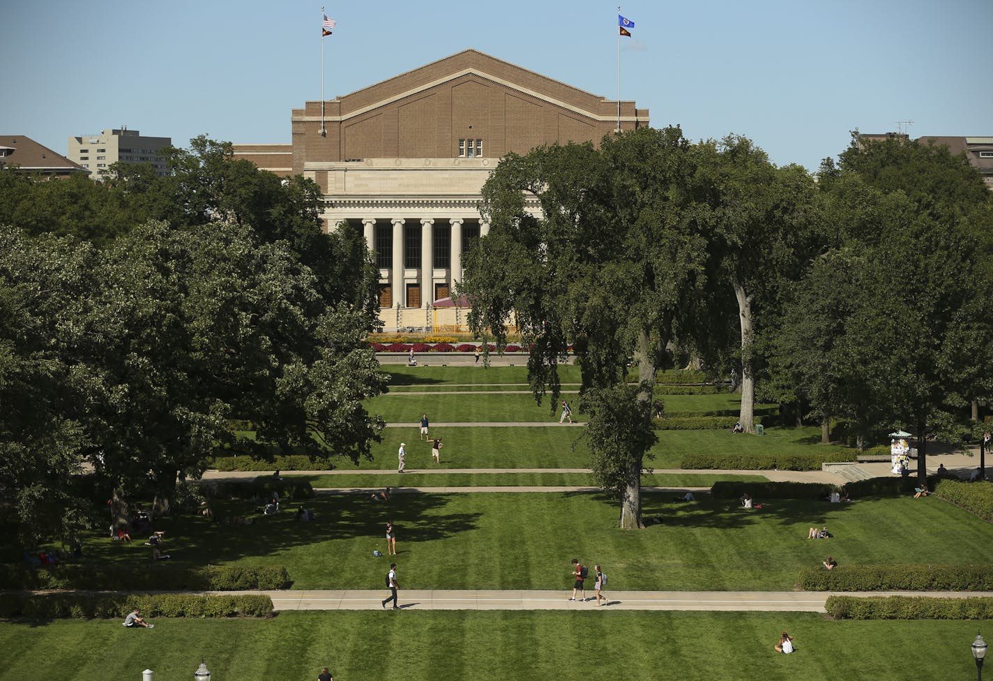 The Northrop Mall, looking toward Northrop Memorial Auditorium from Coffman Union.