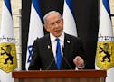 Israeli Prime Minister Benjamin Netanyahu gives a speech during a ceremony on the eve of the Memorial Day for fallen soldiers (Yom HaZikaron), at the 