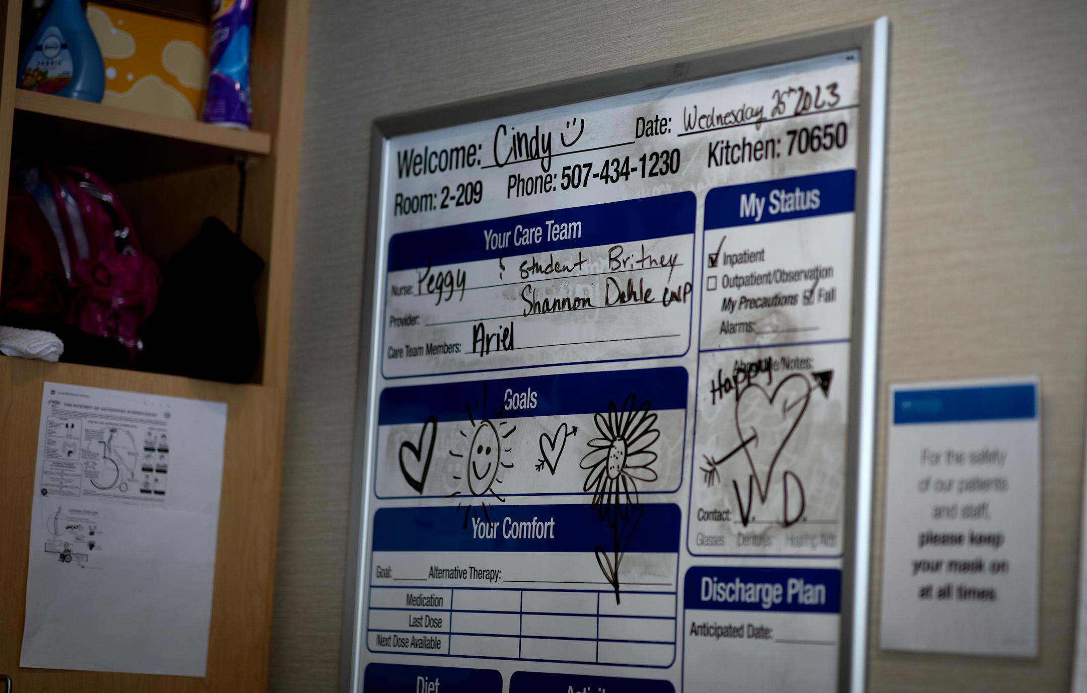 Cindy Hagen's hospital room with messages and posters.