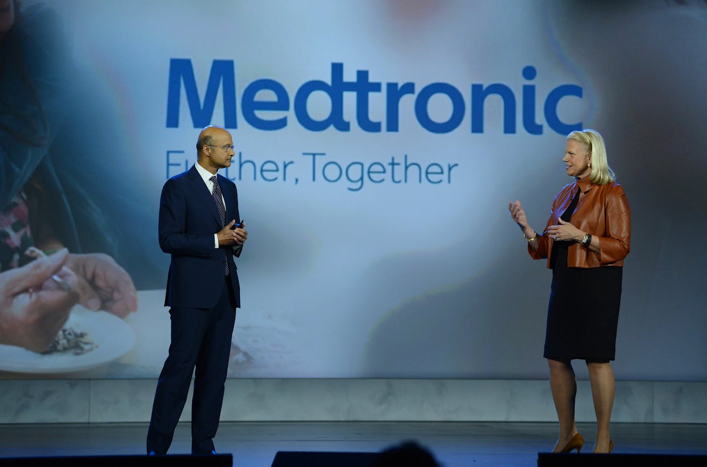 **COMMERCIAL IMAGE** In this photo taken by Feature Photo Service for IBM: IBM Chairman and CEO&#xa0;Ginni&#xa0;Rometty,&#xa0;and Medtronic CEO Omar&#xa0;Ishrak,&#xa0;unveil the latest advances in applying cognitive computing to diabetes management during CES 2016 on Weds., January 6, 2016 in Las Vegas, Nev. The two companies showed a research prototype for a first-of-its-kind cognitive app designed to analyze real-time data from Medtronic devices to help detect important patterns and trends for