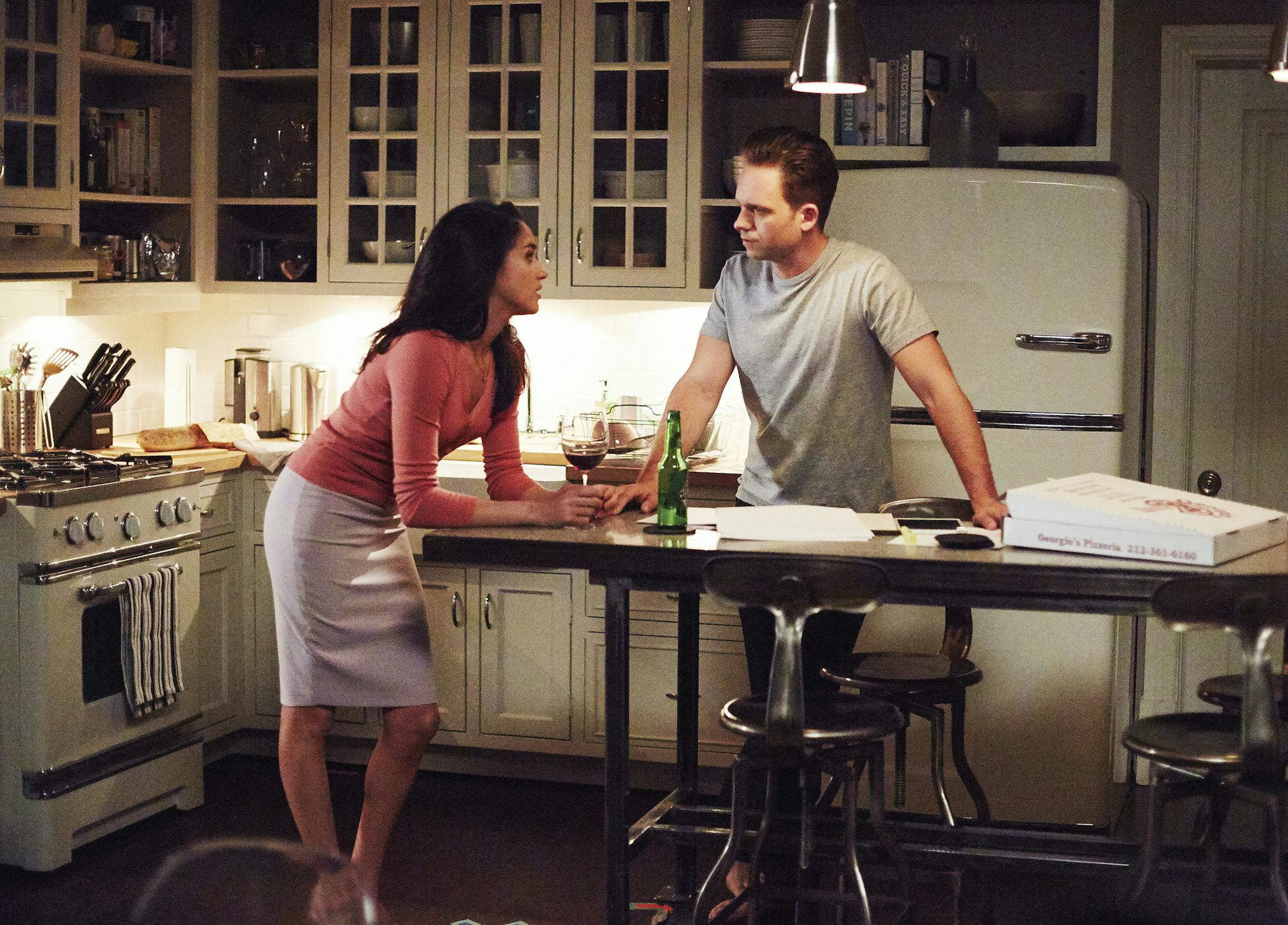 SUITS -- "Denial" Episode 501 -- Pictured: (l-r) Meghan Markle as Rachel Zane, Patrick J. Adams as Michael Ross -- (Photo by: Shane Mahood/USA Network) ORG XMIT: Season:5