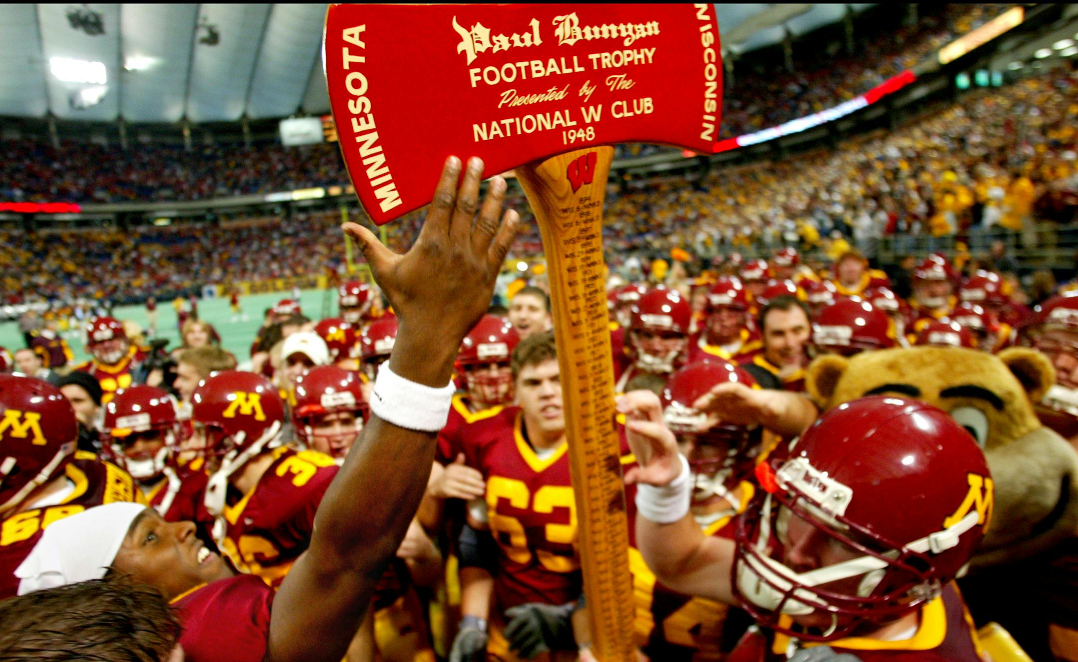 The Gophers football team lifted up Paul Bunyan's Axe in 2003 after Rhys Lloyd's field goal.