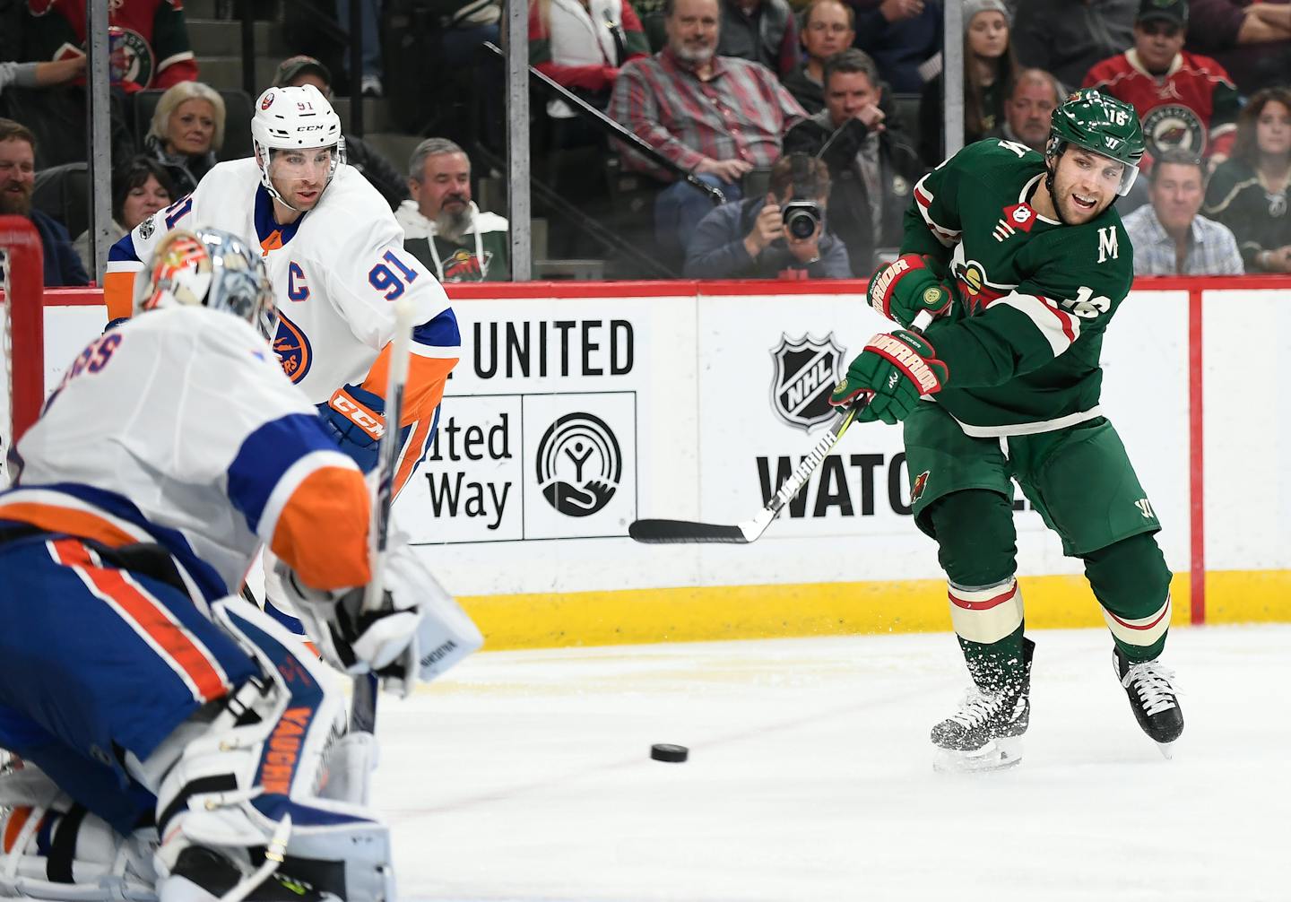 Minnesota Wild left wing Jason Zucker (16) missed a shot in the third period against New York Islanders goalie Thomas Greiss (1). ] AARON LAVINSKY &#xef; aaron.lavinsky@startribune.com The Minnesota Wild played the New York Islander on Thursday, Oct. 26, 2017 at Xcel Energy Center in St. Paul, Minn.