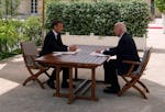 French President Emmanuel Macron and U.S. President Joe Biden speak, Saturday, June 8, 2024 at the Elysee Palace, in Paris.