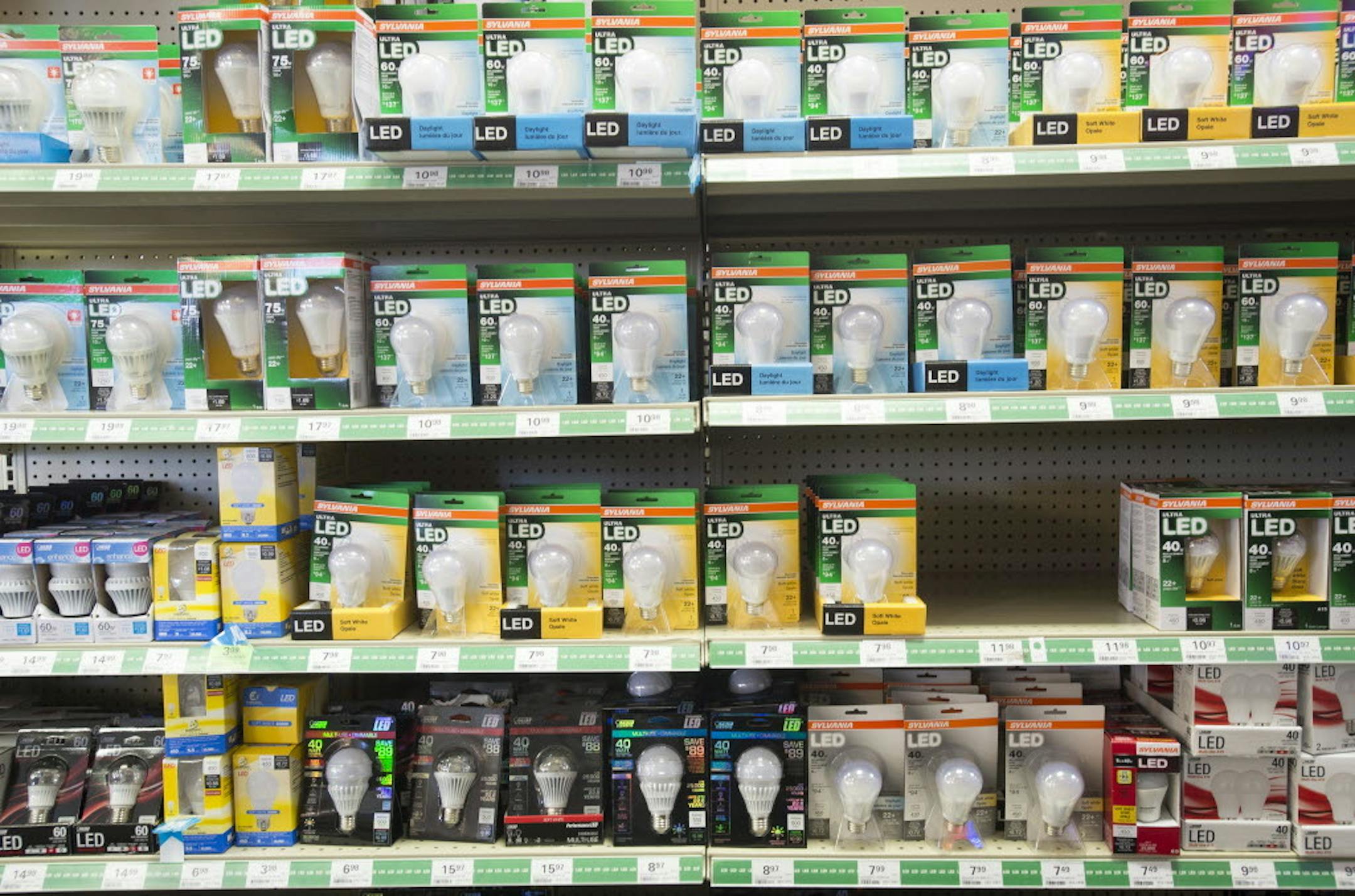 LED bulbs are displayed on shelves at Menards.