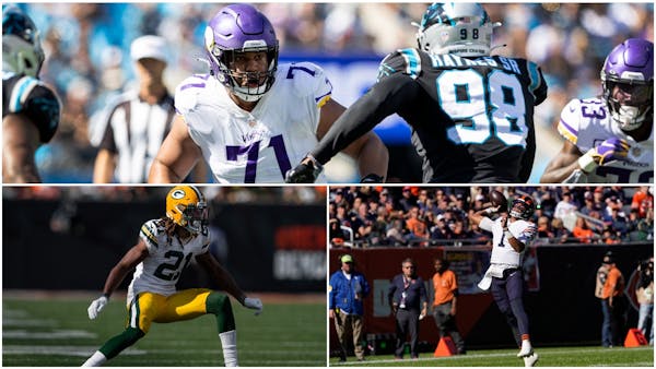 Some of the 2021 draft class beginning to make an impact in the NFC North (clockwise from top): Vikings tackle Christian Darrisaw, Bears quarterback J