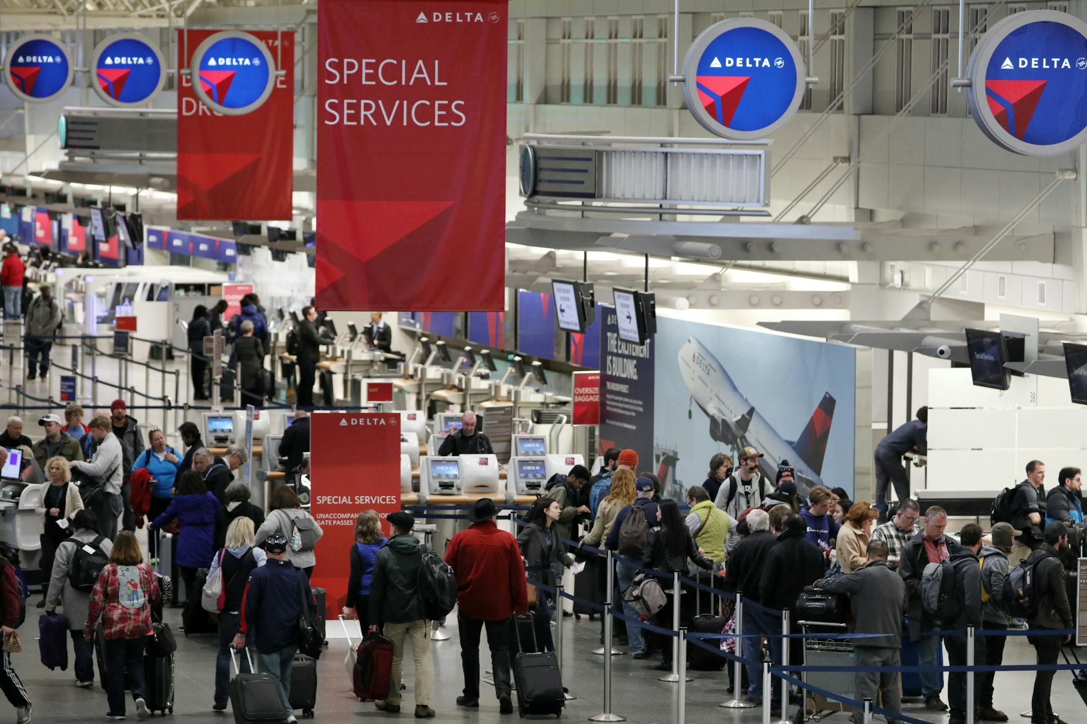 Passengers stood in Delta Airlines' special services line as they tried to rebook their flights after MSP grounded all flights due to the snow.