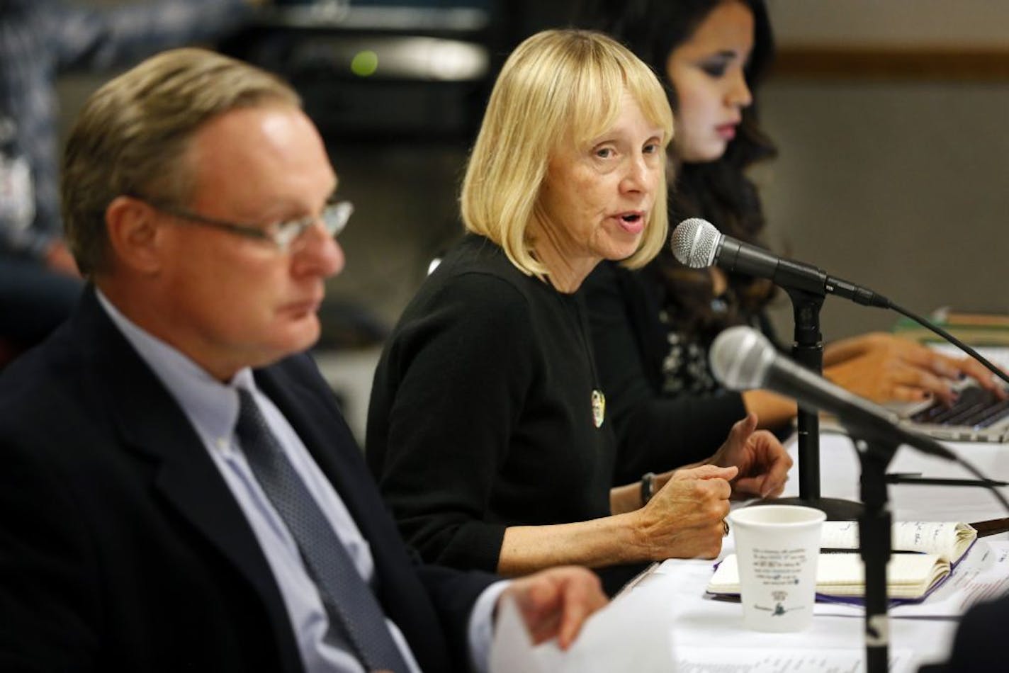 Members of the Minnesota Sports Facility Authority, Chairwoman Michele Kelm-Helgen (center) and Ted Mondale, (left) responded to requests to discontinue the use of the name Redskins at the Metrodome.