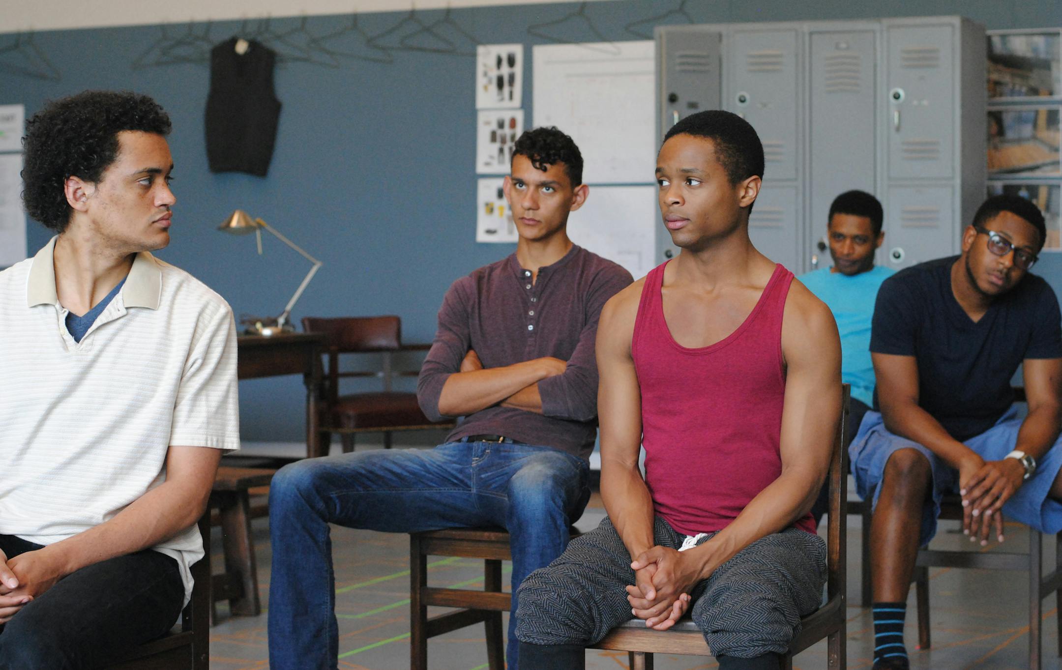 Nathan Barlow (David Heard), Ryan Colbert (Antony Justin “A.J.” James), John-Michael Lyles (Pharus Jonathan Young), Kory Pallum (Junior Davis) and Darrick Mosley (Robert “Bobby” Marrow III) rehearsed “Choir Boys” at the Guthrie.