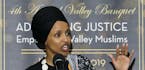 In this March 23, 2019, photo, Rep. Ilhan Omar, D-Minn., speaks at a dinner banquet, part of a fundraising event for the Council of American-Islamic R