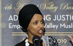 In this March 23, 2019, photo, Rep. Ilhan Omar, D-Minn., speaks at a dinner banquet, part of a fundraising event for the Council of American-Islamic R