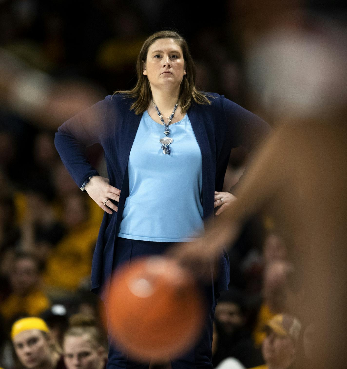 Gopher coach Lindsay Whalen watch her team in the second half at Williams Arena .] Jerry Holt &#x2022;Jerry.Holt@startribune.com Maryland defeated the University of Minnesota 99-44 at Williams Arena Sunday March 1, 2020 in Minneapolis, MN.