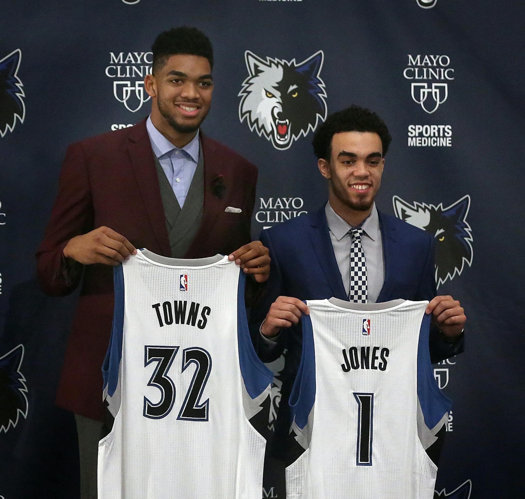 Timberwolves draft picks Karl-Anthony Towns (left, first overall in the NBA Draft) and Tyus Jones were introduced during a news conference Friday afternoon. Flip Saunders, head coach and president of basketball operations and general manager Milt Newton, also appeared at the press conference.