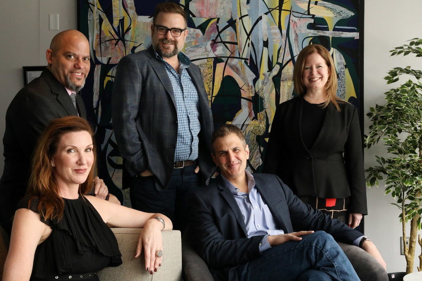 The Guthrie's senior leadership team, from left, production director David Stewart, development director Danielle St. Germain-Gordon, associate artistic director Jeff Meanza, artistic director Joe Haj and managing director Jennifer Bielstein.