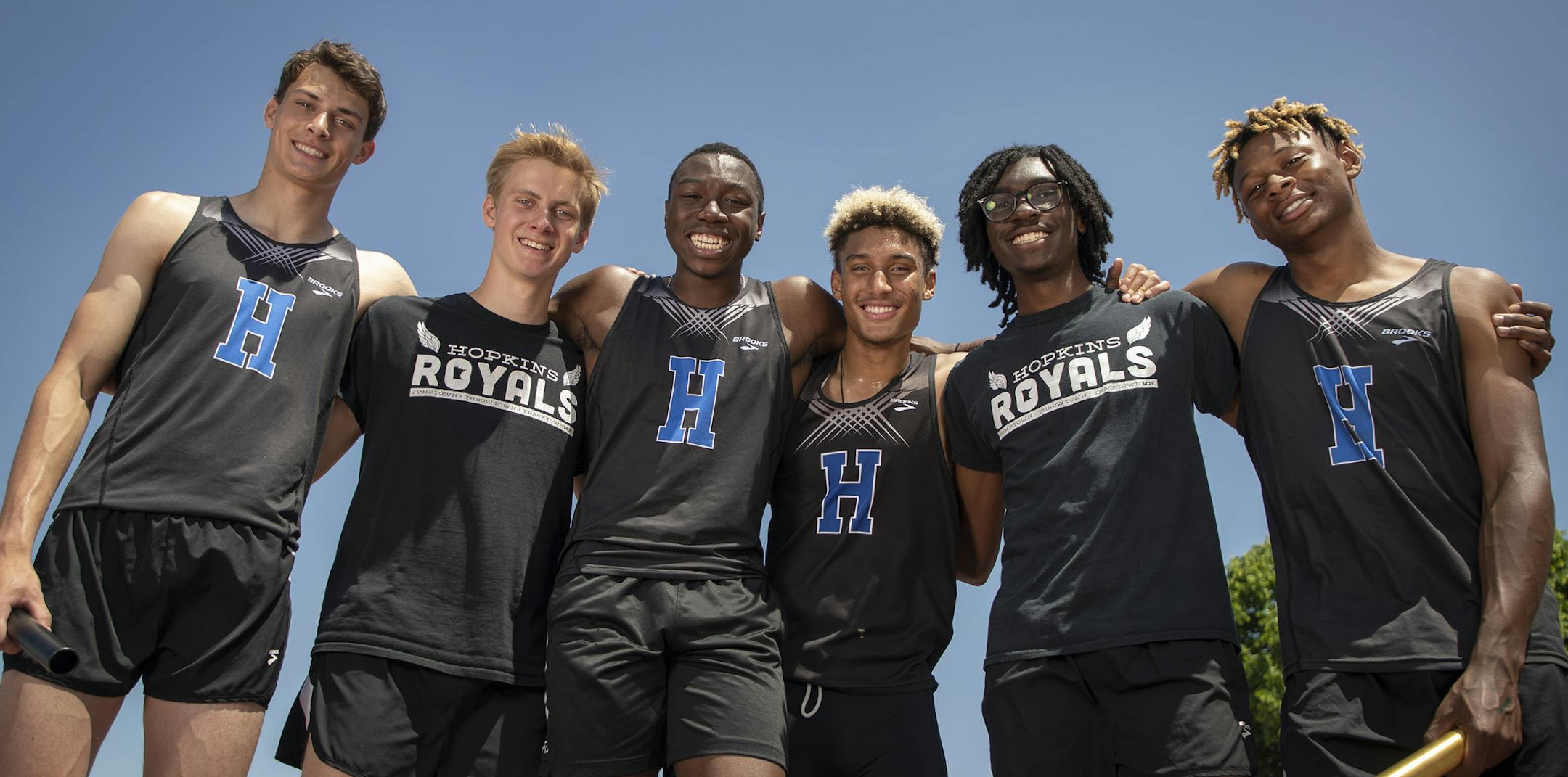Members of the Hopkins track relay teams left to right Wyatt Lubarksi, Sam Leervig, Joe Fahnbulleh, George Jackson,Jaylen Champion, and Ty Bennett Wednesday June 5, 2019 in St.Paul, MN.] Jerry Holt &#x2022; Jerry.holt@startribune.com