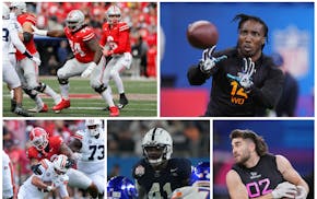 The Vikings' 2025 draft class (clockwise from top left): Ohio State guard Donovan Jackson, Maryland wide receiver Tai Felton, Pittsburgh tight end Gav