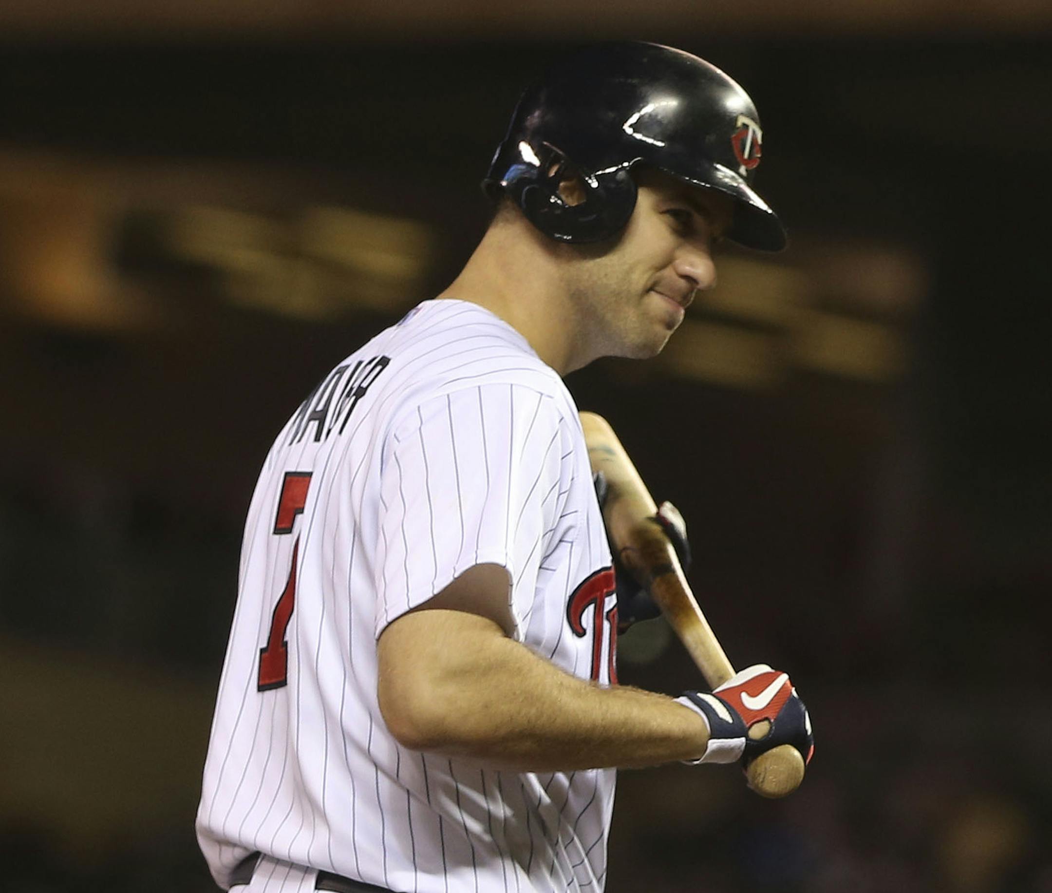 Twins Joe Mauer made a face after striking out in the ninth inning at Target Field in Minneapolis, Min., Thursday, June 13, 2013. Phillies won over the Twins 3-2. ] (KYNDELL HARKNESS/STAR TRIBUNE) kyndell.harkness@startribune.com