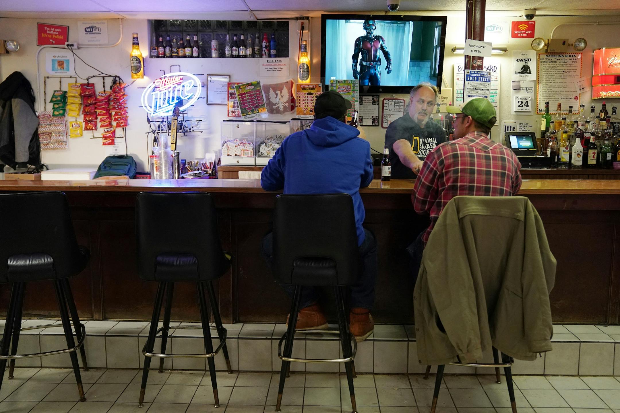 Bartender and and the National Polish Alliance outpost president Lonnie Finke talked with regulars during a quiet Thursday night.