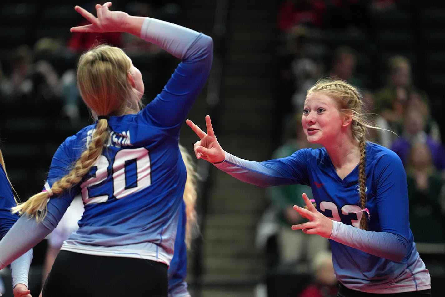 Mabel-Canton's Kinley Soiney (23) celebrated a point with Hope Erickson during the Class 1A state tournament last season. They are part of a 17-1 team this season.Soiney They are back and (20) in the first set of a Class 1A semifinal volleyball game between Mabel-Canton and Mayer Lutheran Friday, Nov. 11, 2022 at the Xcel Energy Center in St. Paul, Minn. ] ANTHONY SOUFFLE • anthony.souffle@startribune.com