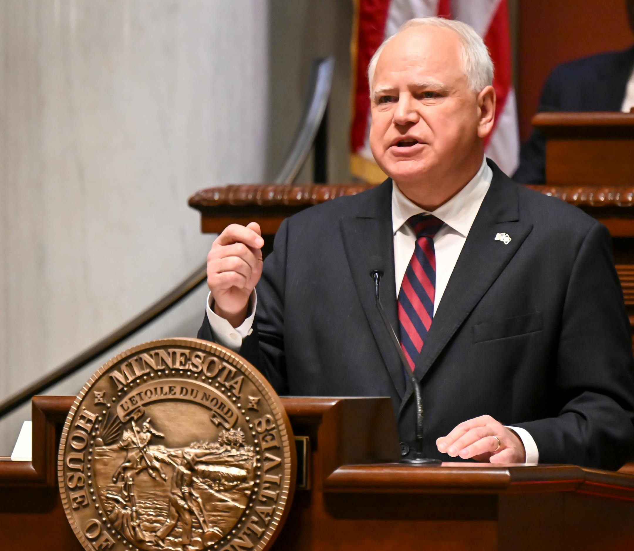 Minnesota Gov. Tim Walz delivers the State of the State address Wednesday night in the house chambers of the Minnesota State Capitol.