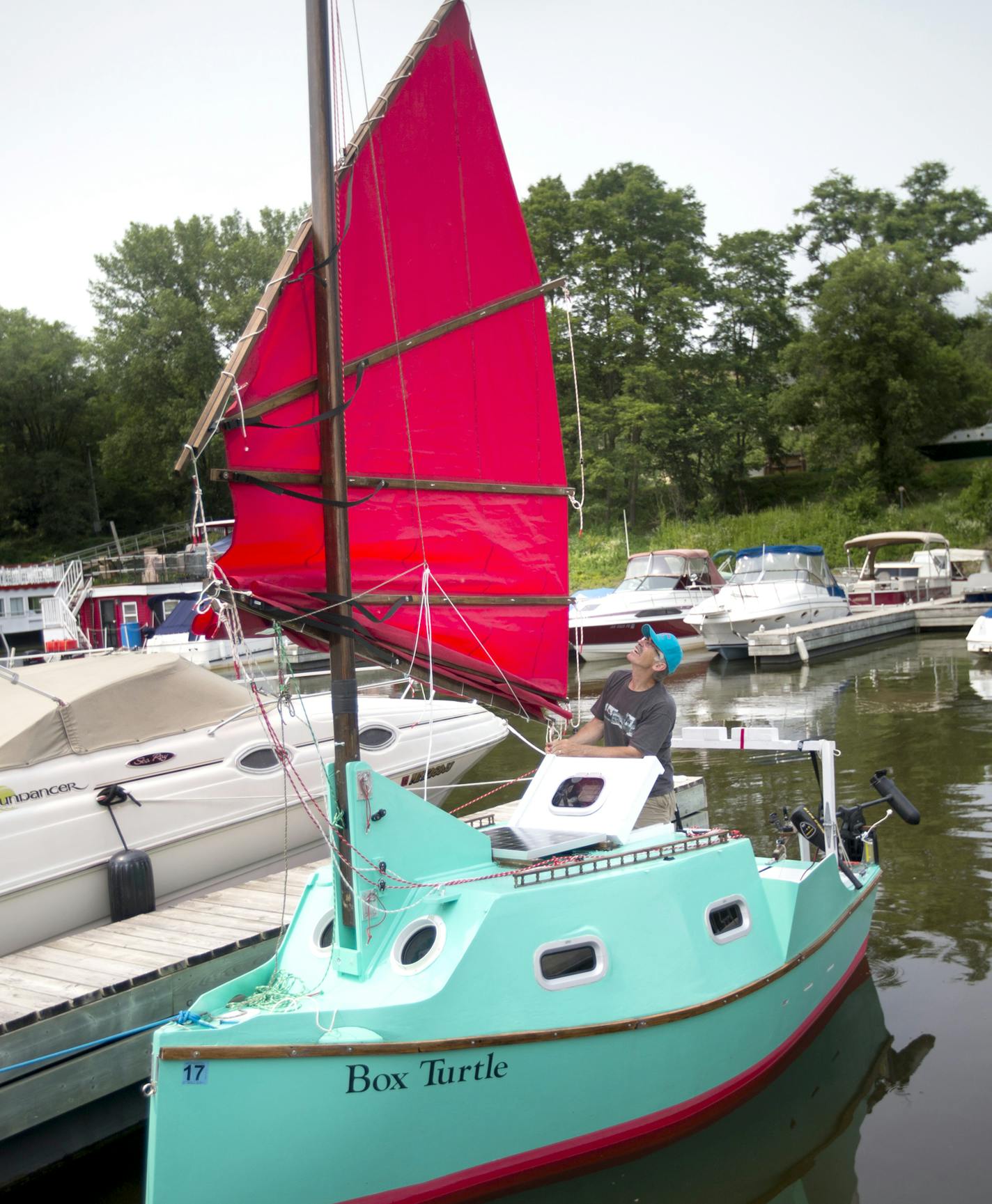 Bert Chamberlain is sailing down the Mississippi River to New Orleans starting this weekend in the sailboat he made and named Box Turtle. He was photographed on Friday, July 3, 2015, in St. Paul, Minn. ] RENEE JONES SCHNEIDER &#xd4; reneejones@startribune.com ORG XMIT: MIN1507031533050816