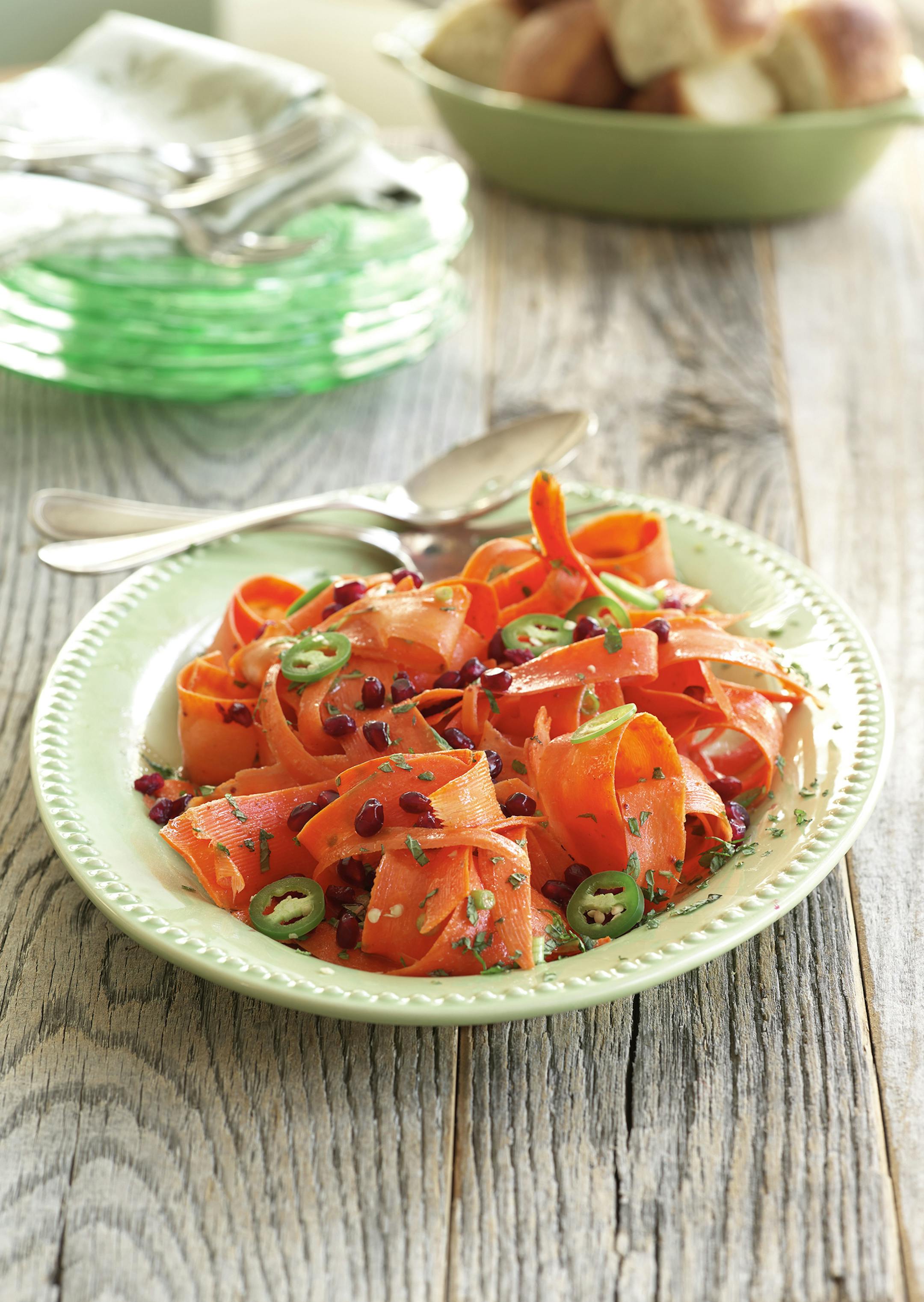 carrot ribbons with pomegranate dressing from "The Big Book of Sides" cookbook by Rick Rodgers. Credit: Ted Axelrod