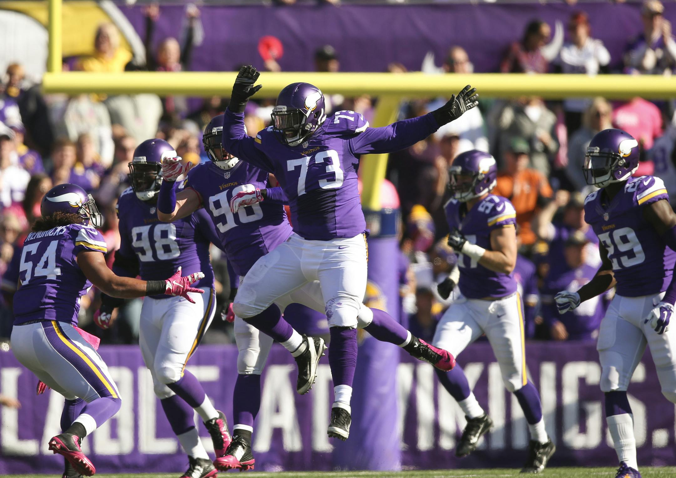 Vikings defensive tackle Sharrif Floyd (73) celebrated after he tackled Kansas City running back Charcandrick West on fourth down at the Minnesota seven yard line in the third quarter Sunday afternoon. ] JEFF WHEELER ï jeff.wheeler@startribune.com The Minnesota Vikings eeked out a 16-10 win over the Kansas City Chiefs in an NFL football game Sunday afternoon, October 18, 2015 at TCF Bank Stadium in Minneapolis.