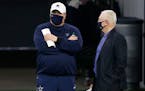 Dallas Cowboys head coach Mike McCarthy talks to Dallas Cowboys owner and general manager Jerry Jones in 2020.