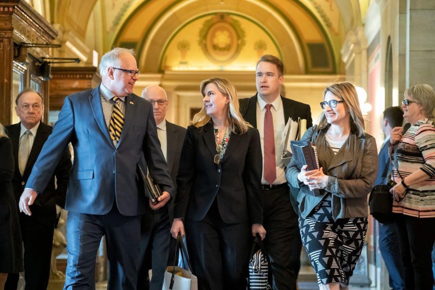 Governor Tim Walz, MMB Commissioner Myron Frans, House Speaker Melissa Hortman and Lt. governor Peggy Flanagan head into another round of budget negotiations Tuesday afternoon.