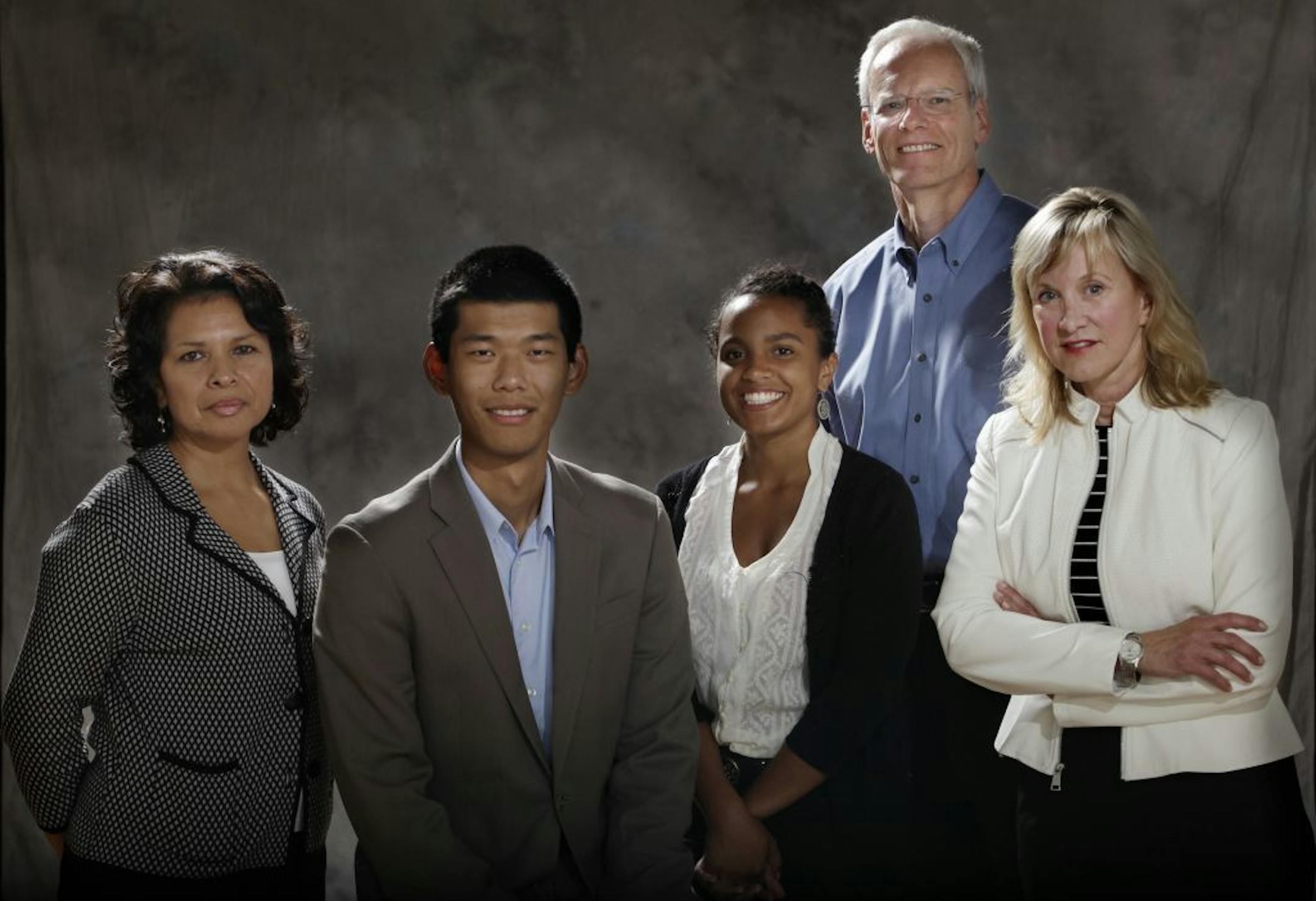 Left to right: Aloida Zaragoza, director of Wallin scholar support services; past Wallin Education Partners Scholar Jiake Chen; current scholar Milliecia Lacy; Tom Holman, board chair of Wallin Education Partners; Susan Basil King, executive director of Wallin Education Partners.