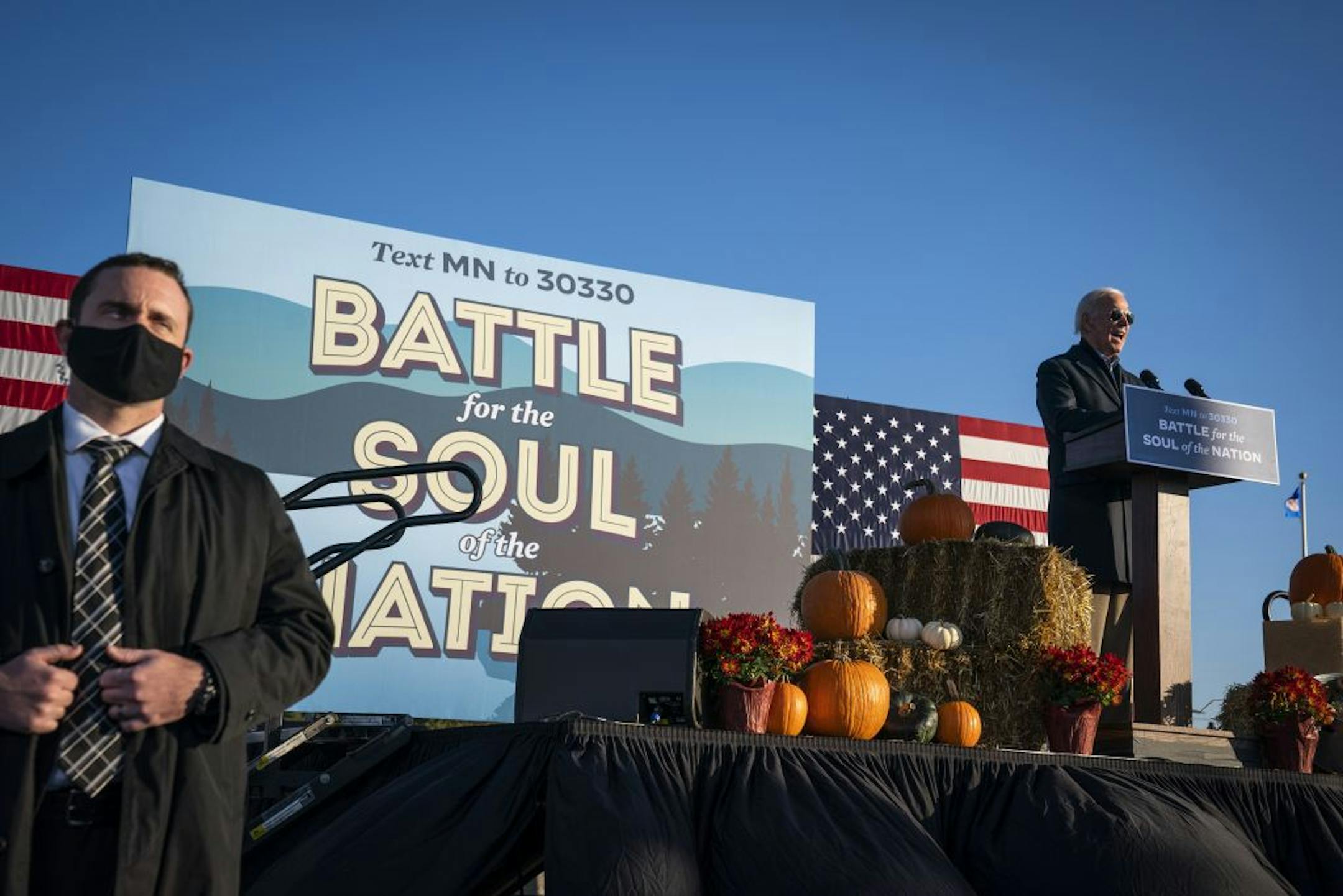 Former Vice President Joe Biden spoke during a drive-in campaign event in Falcon Heights.