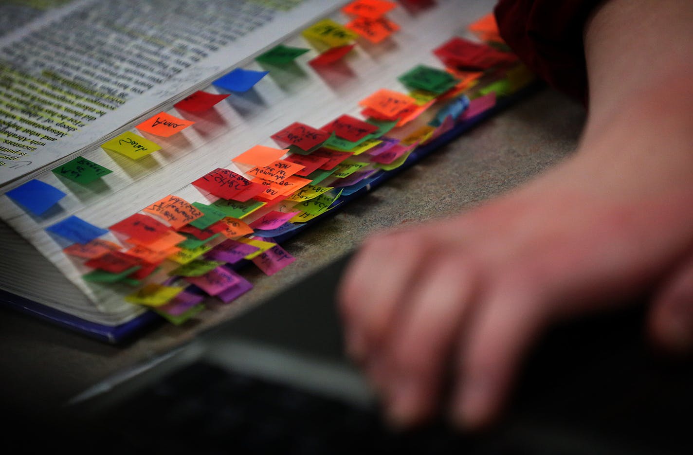 Colored markers denote passages within the Bible where the words of women appear. ] JIM GEHRZ &#x201a;&#xc4;&#xa2; james.gehrz@startribune.com / Excelsior, MN / January 9, 2015 /10:30 AM BACKGROUND INFORMATION: For four years, several women from St. David Episcopal church systematically poured over each page of the Bible, searching for words spoken by women. Lead by their minister, Rev. Lindsay Hardin Freeman, they highlighted the words, moved them onto spread sheets, calculated who said the mos