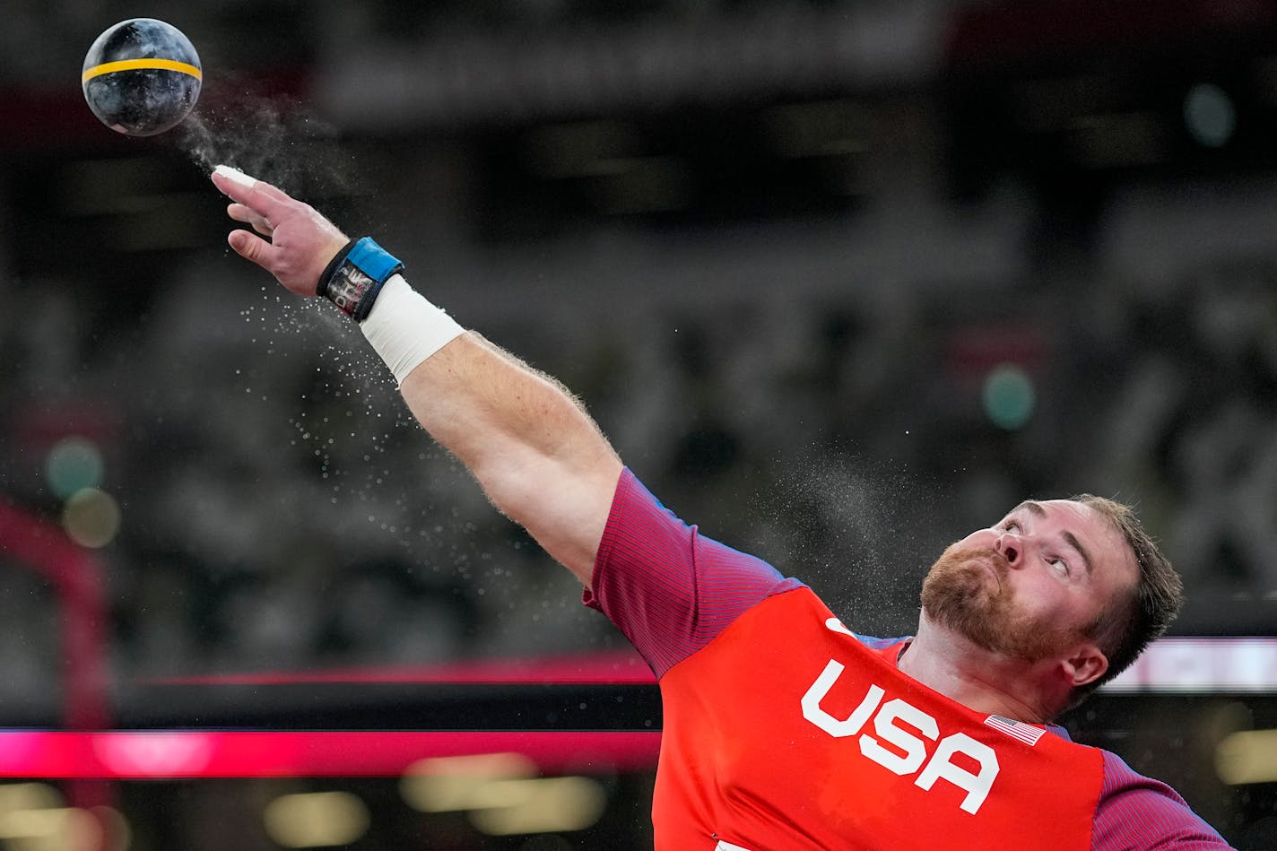 Payton Otterdahl, of the United States, competes in qualifications for the men's shot put at the 2020 Summer Olympics, Tuesday, Aug. 3, 2021, in Tokyo. (AP Photo/David J. Phillip)