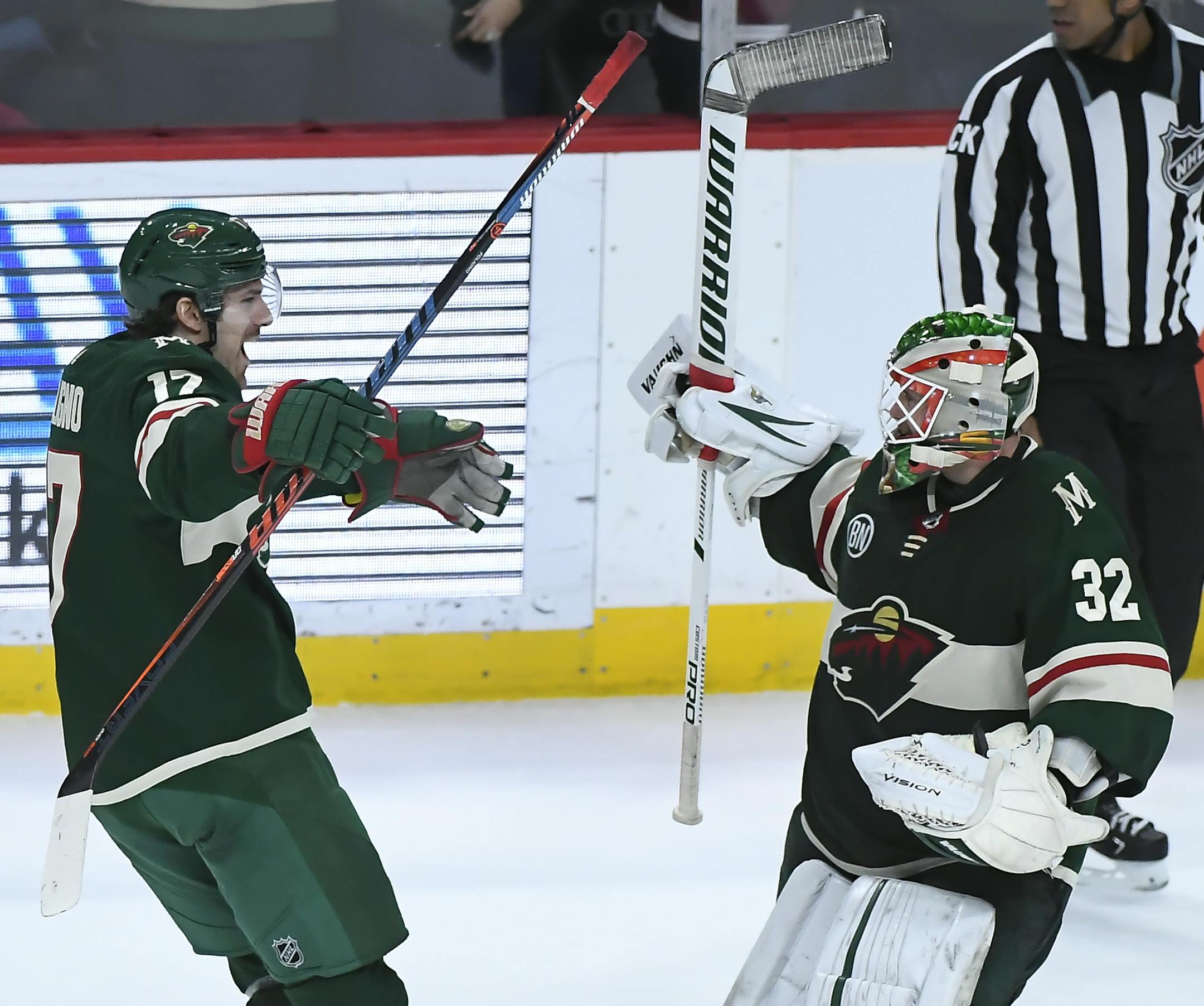 Minnesota Wild left wing Marcus Foligno (17) celebrated with goaltender Alex Stalock (32) after their team's 3-2 shootout victory against the Los Angeles Kings. ] Aaron Lavinsky &#xa5; aaron.lavinsky@startribune.com The Minnesota Wild played the Los Angeles Kings Tuesday, Jan. 15, 2019 at the Xcel Energy Center in St. Paul, Minn.