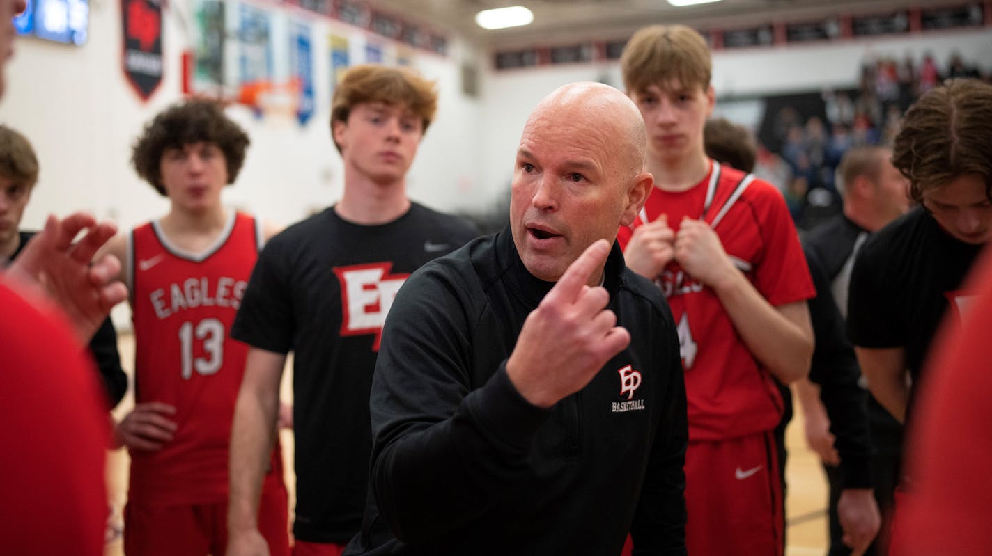 Eden Prairie boy's basketball coach David Flom talked to his team during a first half timeout as he coached his first game Tuesday night, January 24, 2023 since he was reinstated Monday after being suspended and investigated for using a racial slur in a teaching situation with his team. The Eagles hosted the Wayzata Trojans. ] JEFF WHEELER • jeff.wheeler@startribune.com