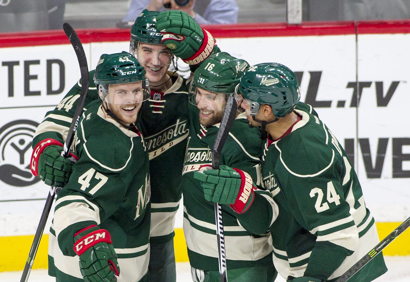 Wild center Tyler Graovac, second from left, has been assigned to AHL Iowa, but not before scoring his first NHL goal Saturday night and making a positive impression.