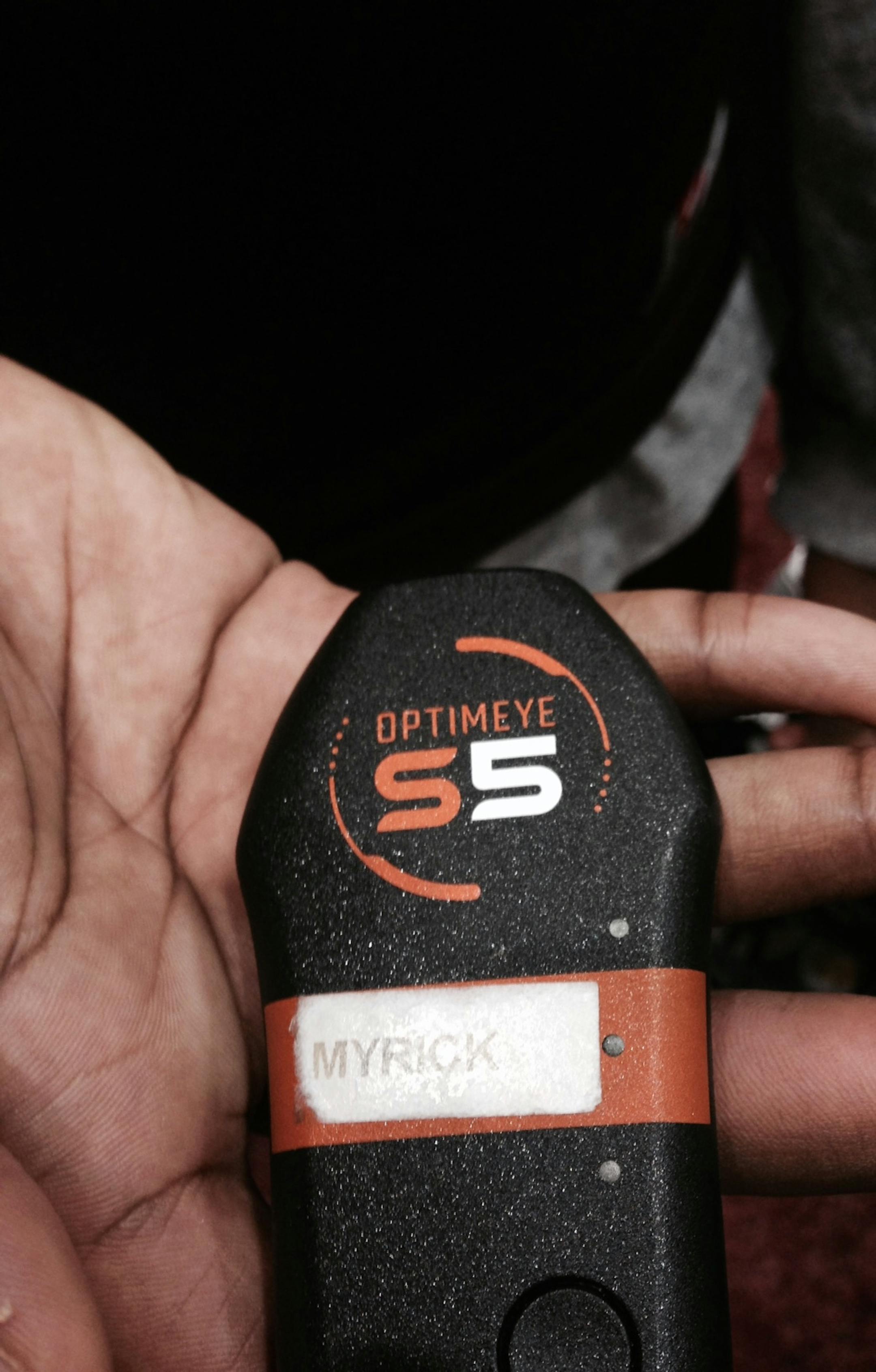 Gophers DB/kick returner Jalen Myrick shows off the Catapult device that tracked him running 23.4 mph this summer. Photo/Michael Rand