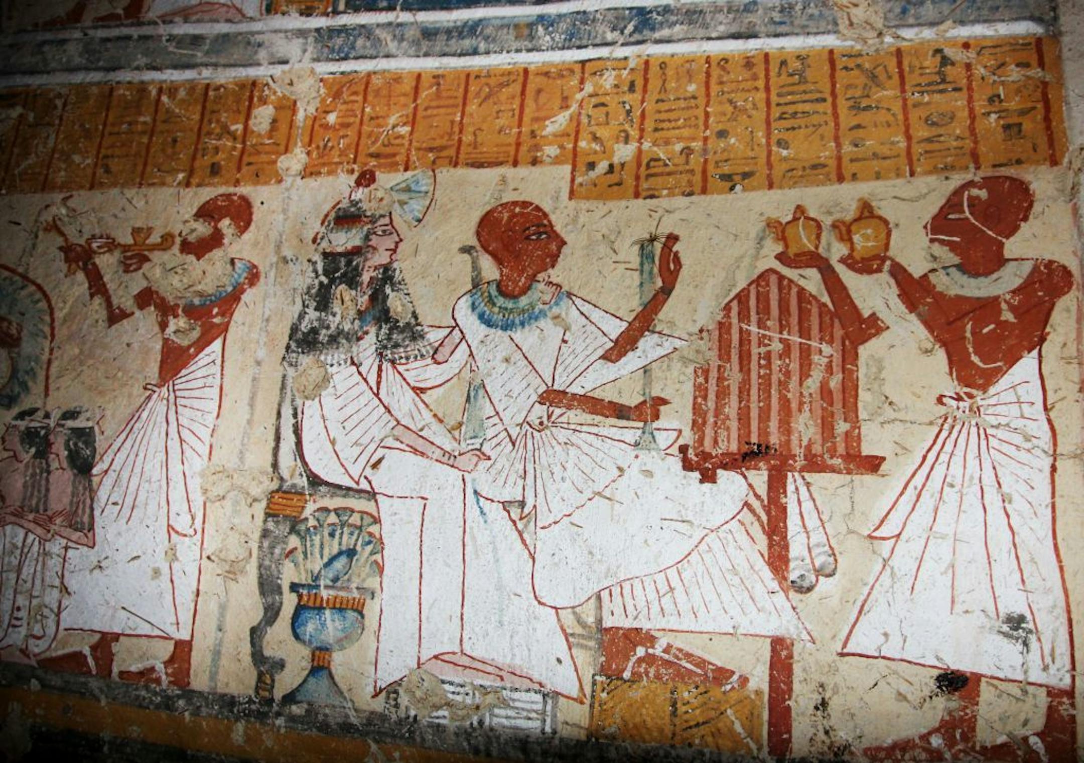 This image released by the Supreme Council of Antiquities shows colored inscriptions on a newly discovered tomb in Luxor, Egypt, Friday, Jan. 3, 2014.