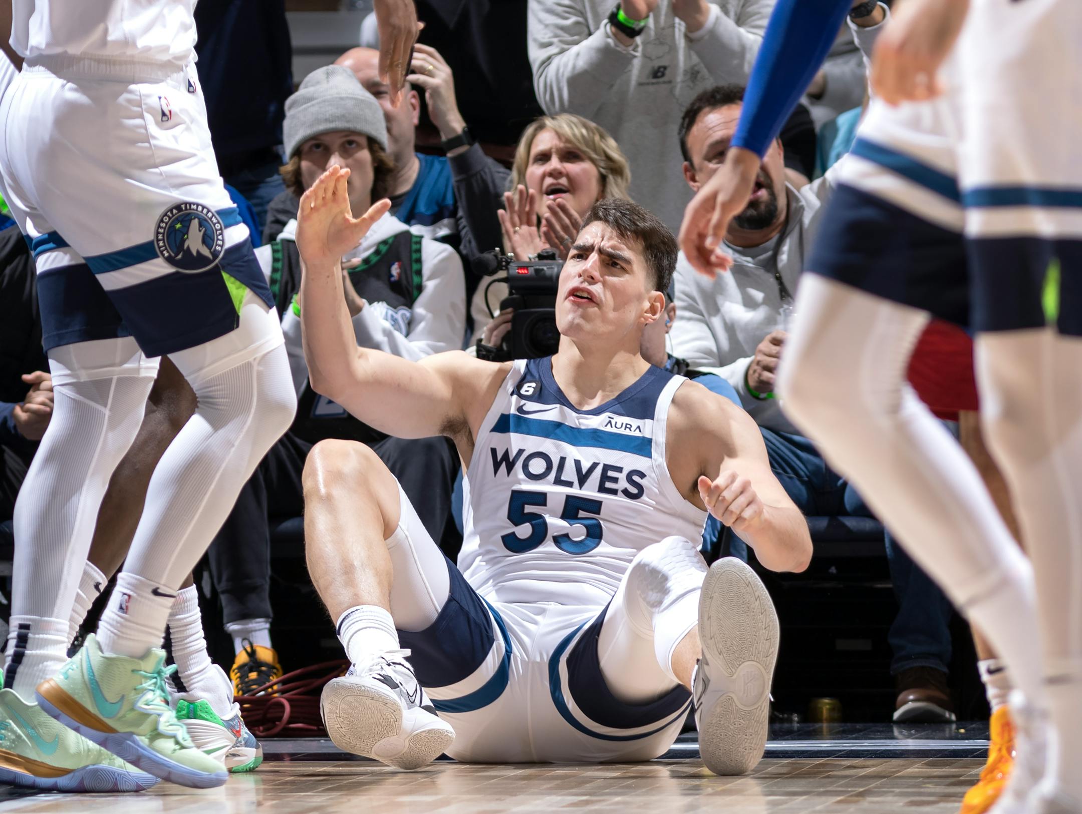 Luke Garza (55) of the Minnesota Timberwolves reacts after being fouled in fourth quarter.