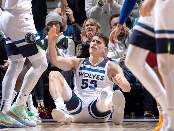 Luke Garza (55) of the Minnesota Timberwolves reacts after being fouled in fourth quarter.