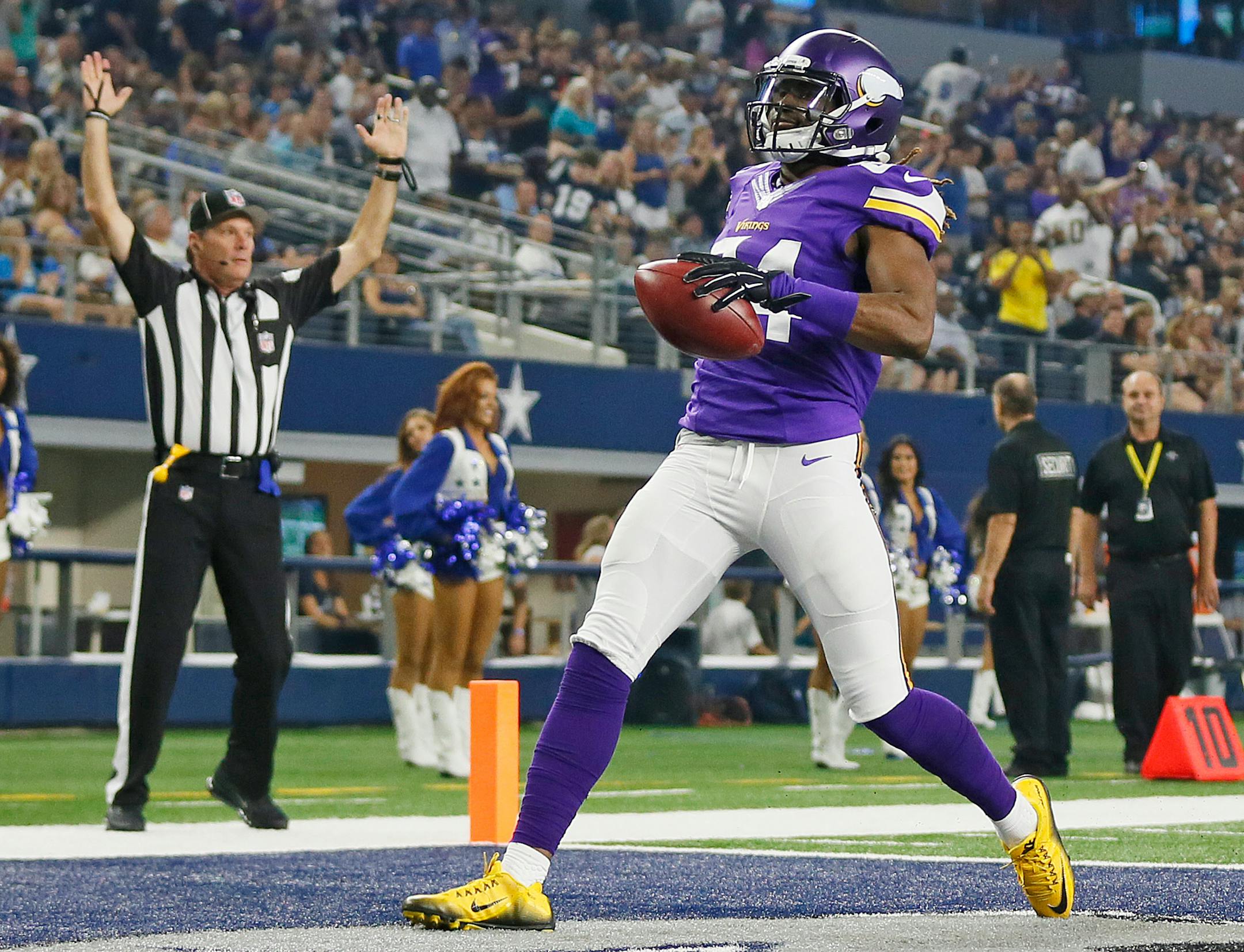 Minnesota Vikings wide receiver Cordarrelle Patterson (84) scored on a 108 yard kick off return in the second quarter. The Dallas Cowboys played the Minnesota Vikings at AT&T Stadium Saturday August 29 2015 in Arlington, TX. ] Jerry Holt/ Jerry.Holt@Startribune.com