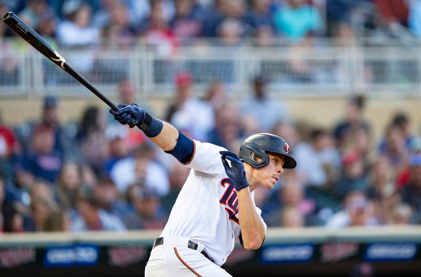 Minnesota Twins right fielder Max Kepler (26) follows through on his swing in the first inning against the Cleveland Guardians Saturday, September 10, 2022 at Target Field in Minneapolis. ]