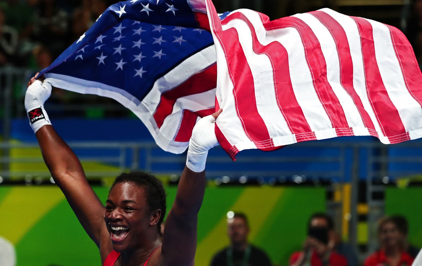 Claressa Shields celebrates after beating Nouchka Fontijn of the Netherlands in the women's middleweight final on Sunday, Aug. 21, 2016 at Riocentro Pavilion 6 in Rio de Janeiro, Brazil. (Robert Gauthier/Los Angeles Times/TNS) ORG XMIT: 1188984