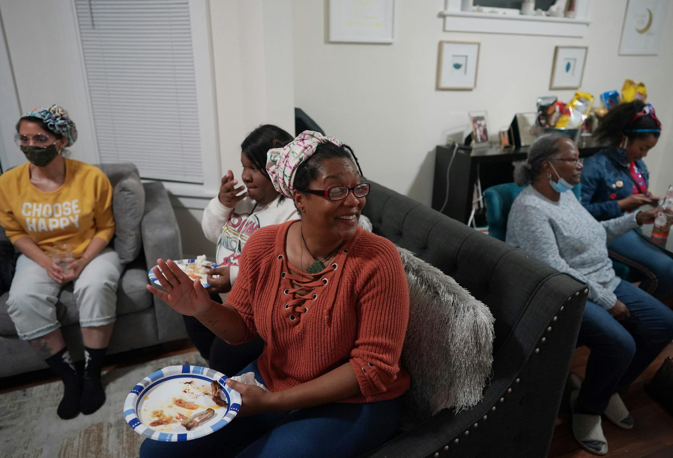 LesleyAnne Crosby of Minneapolis gathered with a small group Black women in St. Paul to watch the results of the 2020 election and witness the possibility of Kamala Harris becoming the first Black woman to become vice president. Crosby said that "If Kamala Harris keeps being the person that she has been during the campaign, then I have no issues with her being vice president ".] Jerry Holt •Jerry.Holt@startribune.com A group of Black Women gathered in a home to watch the 2020 election results .