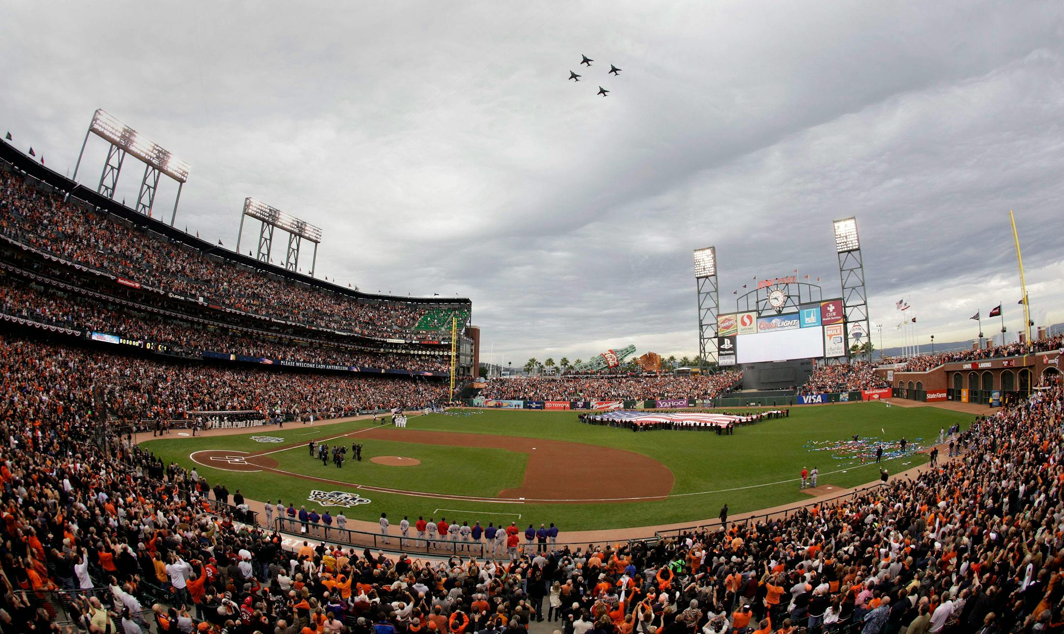 Planes do a fly over AT&T Park before Game 2 of baseball's World Series between the San Francisco Giants and the Texas Rangers Thursday, Oct. 28, 2010, in San Francisco. (AP Photo/Eric Risberg)