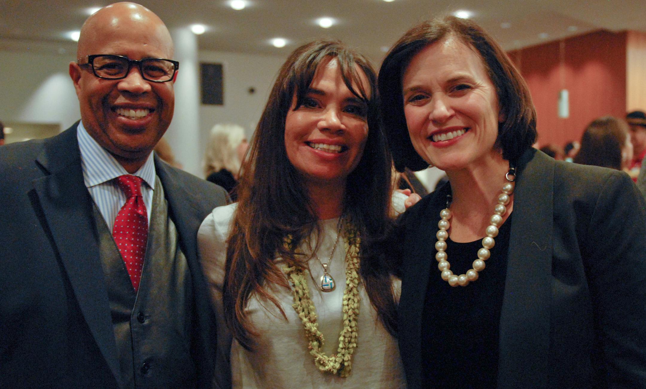 Gary Cunningham, Lori Pourier and Minneapolis Mayor Betsy Hodges at First People Fund's Community Spirit Awards. credit: Ronnie Farley