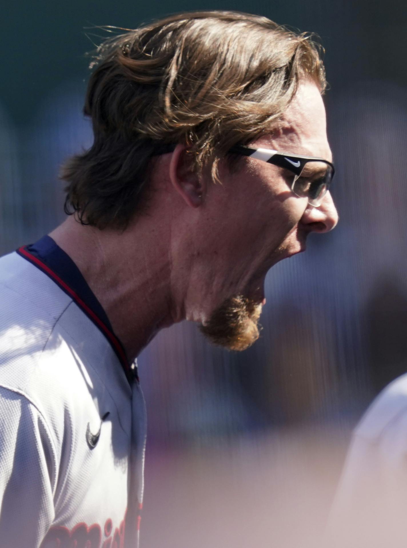 Tyler Clippard was fired up after being hit by a batted ball in the eighth inning Sunday. Clippard was one of seven Twins pitchers used in a 5-4 victory at Kansas City.